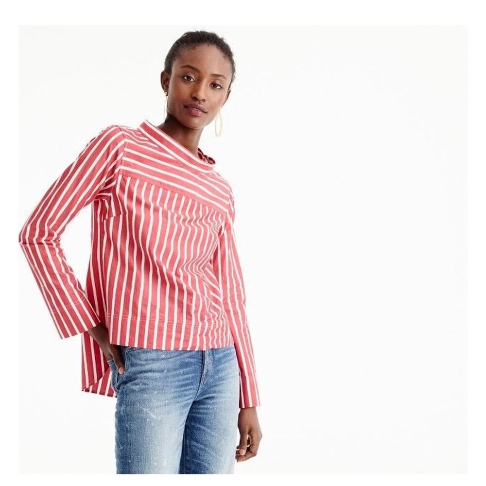 J.Crew Red White Stripe Cotton Popover Blouse Long Sleeve Shoulder Buttons Top